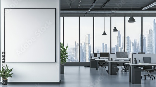 Contemporary office interior featuring a blank white wall on the left, and an open workspace with desks and computers on the right, set against a city view background. Ideal for mockup presentations.
