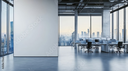 Contemporary office interior featuring a blank white wall on the left, and an open workspace with desks and computers on the right, set against a city view background. Ideal for mockup presentations.