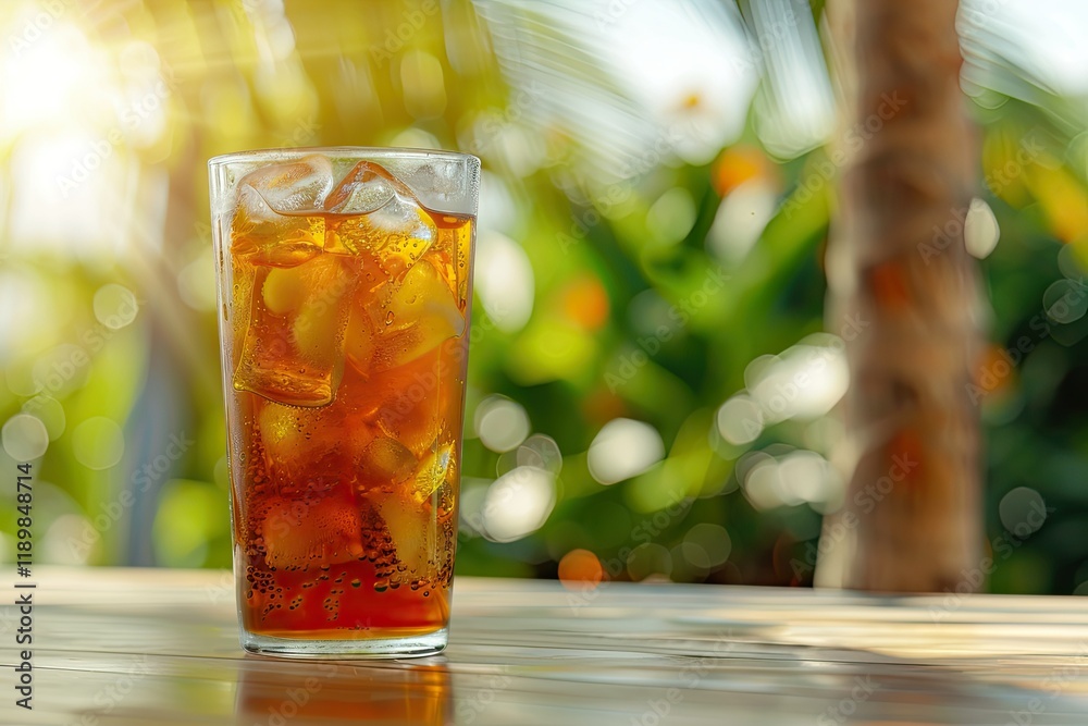 Flawless Visual of Fresh Cold Ice Tea on Desk and Blurred Background of Palms Flawless Visual of Fresh Cold Ice Tea on Desk and Blurred Background of Palms