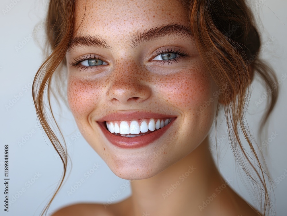A smiling young woman with freckles and wavy hair, radiating joy. A smiling young woman with freckles and wavy hair, radiating joy.