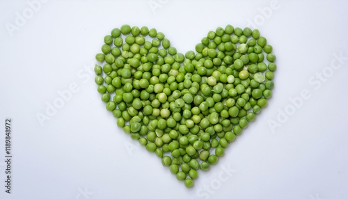 Fresh green peas arranged in a heart shape.