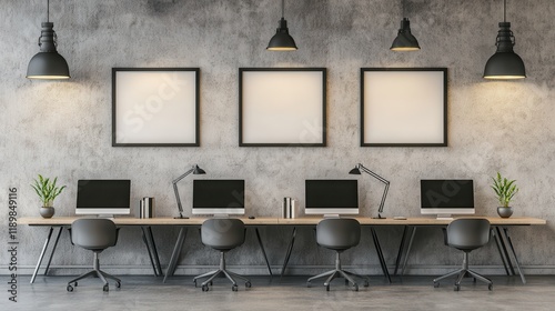 Contemporary office room featuring PC computers and a shelf, with a mockup frame on the wall for added design flexibility.