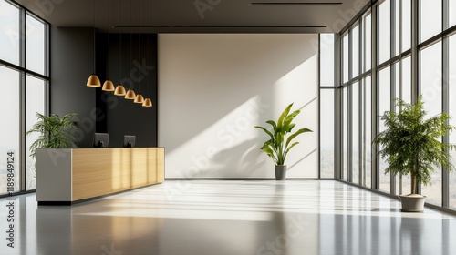 Contemporary office space featuring a sleek reception desk, coworking area, and large panoramic windows that provide a bright and airy atmosphere.