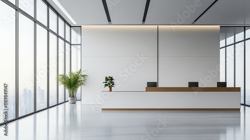 Contemporary office space featuring a sleek reception desk, coworking area, and large panoramic windows that provide a bright and airy atmosphere.