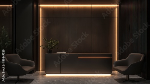 Dark contemporary waiting room interior featuring a wooden sideboard. The space exudes a modern, sophisticated vibe with its sleek design elements and muted color scheme.