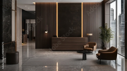 Dark contemporary waiting room interior featuring a wooden sideboard. The space exudes a modern, sophisticated vibe with its sleek design elements and muted color scheme. photo
