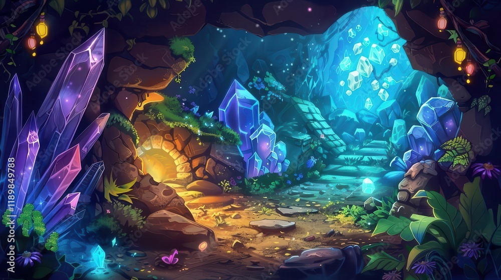 Fototapeta premium A vibrant fantasy cave with glowing crystals and a mystical pathway.
