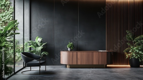 Dark contemporary waiting room interior featuring a wooden sideboard. The space exudes a modern, sophisticated vibe with its sleek design elements and muted color scheme.