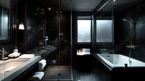 Dark hotel bathroom interior featuring a tub, glass shower, and a window, with a mockup wall ideal for showcasing design concepts. photo