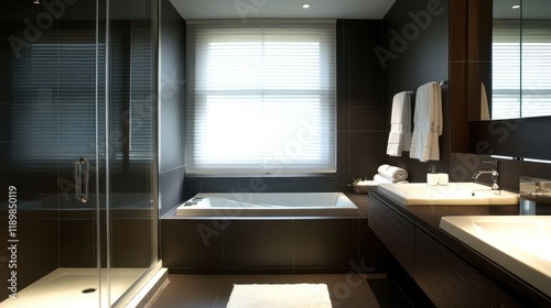 Dark hotel bathroom interior featuring a tub, glass shower, and a window, with a mockup wall ideal for showcasing design concepts.
