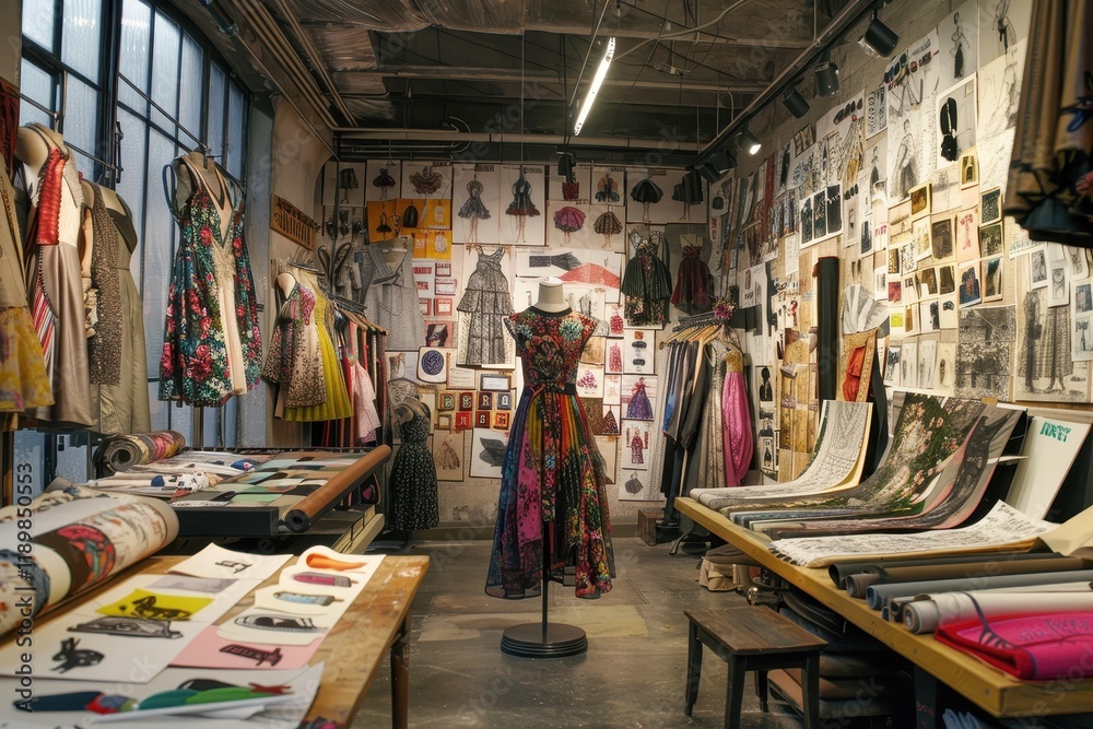 Obraz premium A vibrant fashion studio showcasing designs and inspiration on walls, with a dress on display.