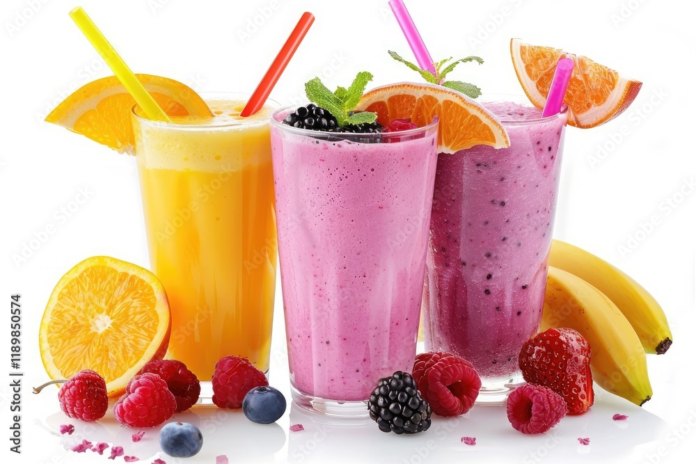 Vibrant Color Picture of Fruit Smoothies with Straws Isolated on a White Background Vibrant Color Picture of Fruit Smoothies with Straws Isolated on a White Background