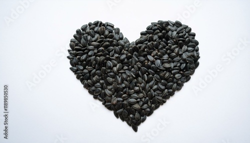 Heart-shaped pile of sunflower seeds on white background.