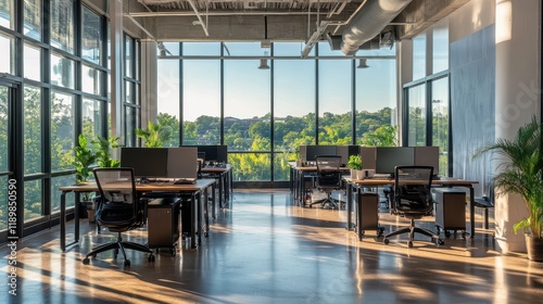 Dynamic coworking space featuring PC desktops on work tables, large windows providing ample natural light, and a mockup wall for customization. Ideal for collaborative work environments.