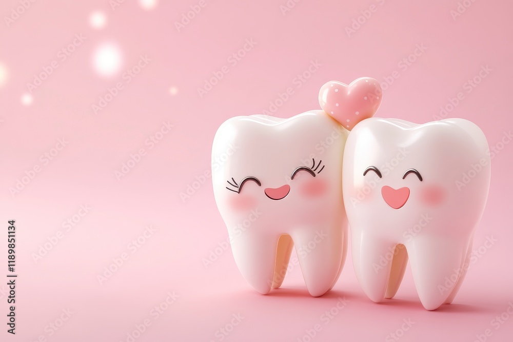 a cute, smiling tooth couple with hearts on a pink background, a Valentine's concept for a dental clinic ad banner or poster design. Cartoon character teeth in a romantic love scene. a cute, smiling tooth couple with hearts on a pink background, a Valentine's concept for a dental clinic ad banner or poster design. Cartoon character teeth in a romantic love scene.
