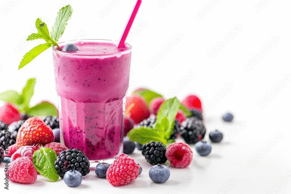 Detailed Image of Berry Smoothie or Shake with Straw on White Background Detailed Image of Berry Smoothie or Shake with Straw on White Background