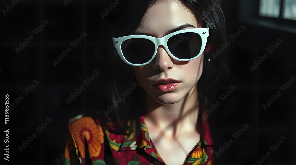 Obraz premium Shocking woman in black glasses in a dress with flowers on a dark background