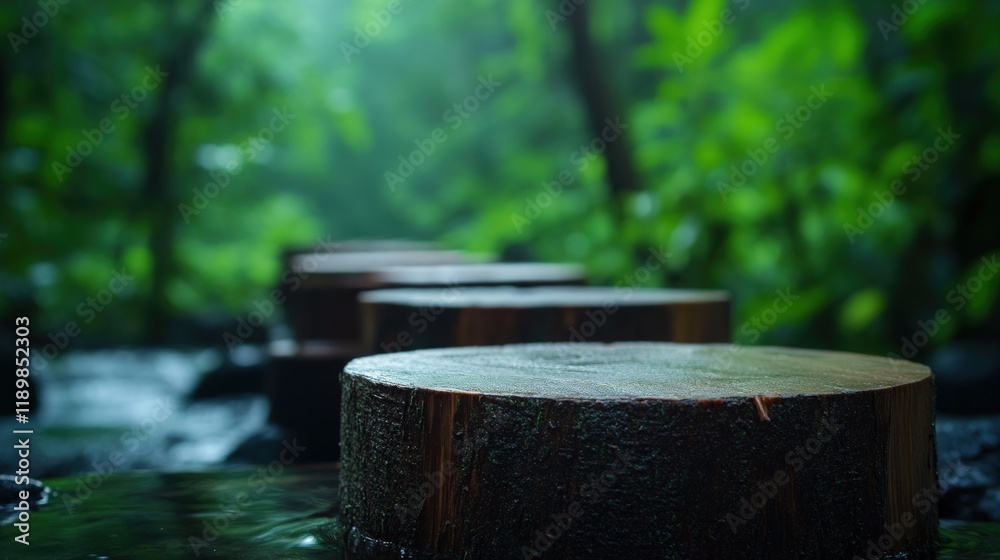 Tranquil Forest Path: Stepping Stones Across a Stream Tranquil Forest Path: Stepping Stones Across a Stream