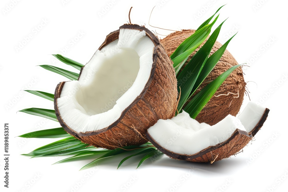 High Resolution of Half of Coconut with Leaves Without Shadow Isolated on White Background High Resolution of Half of Coconut with Leaves Without Shadow Isolated on White Background