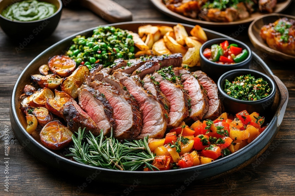 A beautifully arranged grilled steak platter with colorful roasted vegetables. A beautifully arranged grilled steak platter with colorful roasted vegetables.