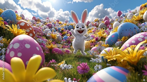 Easter bunny jumping in a field of colorful eggs and flowers photo