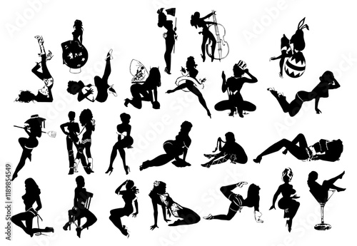 Retro Vintage Pineup Girls Silhouette Vector Pack graphic drawing illustration for stickers, streetwear, t-shirts, logos, print-on-demand, print, or branding