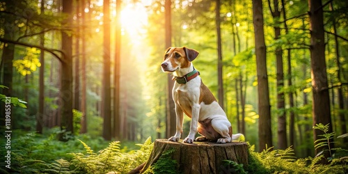 Fashionable Istrianer Kurzhaarige Bracke in the Forest - Stylish Dog Photography with Leash Concept in Nature, Emphasizing Responsible Pet Ownership and Outdoor Adventure photo