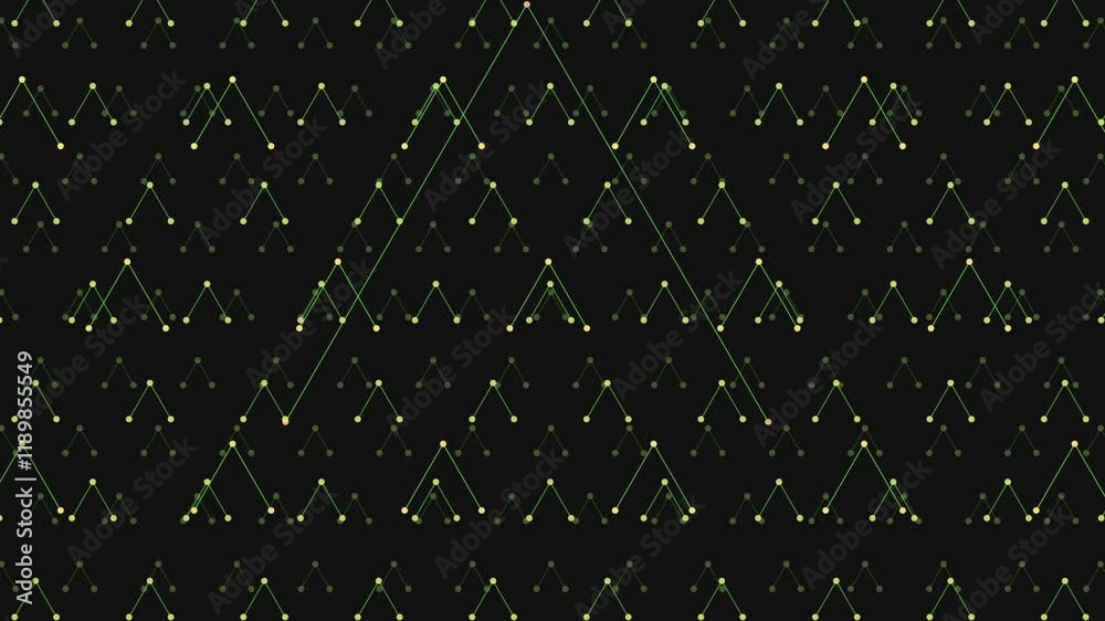 A black background holds a striking pattern of green triangles, cleverly forming the letter 