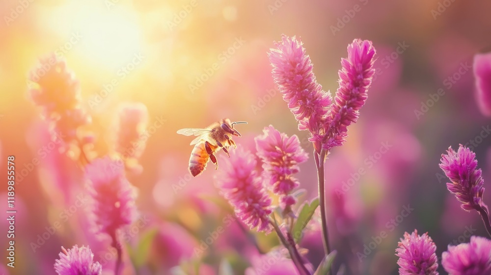 Naklejka premium Honeybee in flight amidst vibrant pink flowers at sunset.