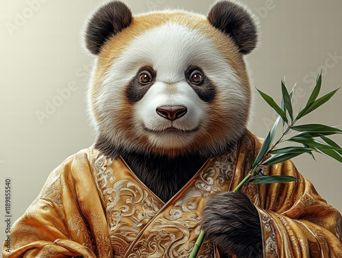 A whimsical panda in a golden robe holding bamboo, exuding charm. photo