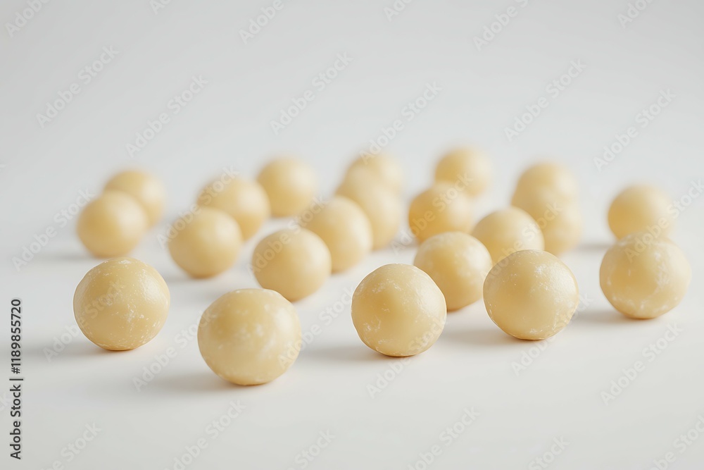 Peeled macadamia nuts on white background. Top view Peeled macadamia nuts on white background. Top view
