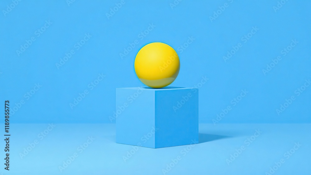 Yellow sphere rests atop a light blue cube Yellow sphere rests atop a light blue cube