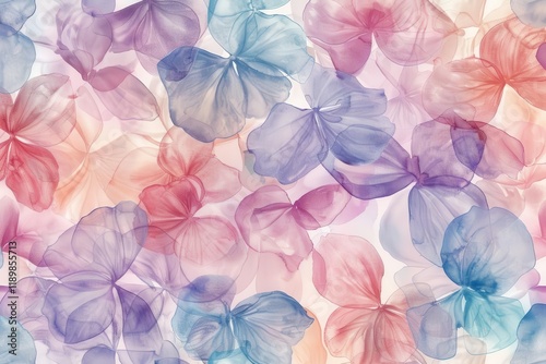 A vibrant pattern of translucent flowers in various pastel colors.