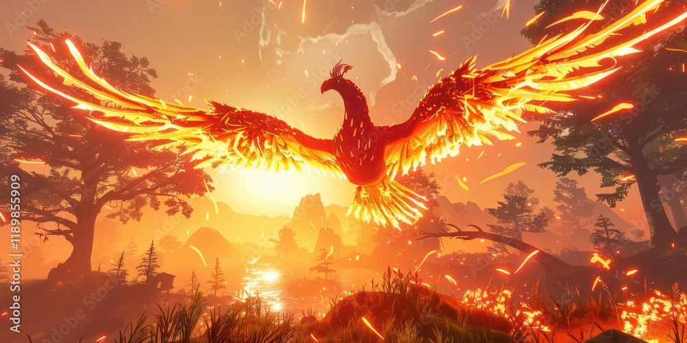 Obraz premium A vibrant phoenix rises against a fiery sunset, symbolizing rebirth and transformation.