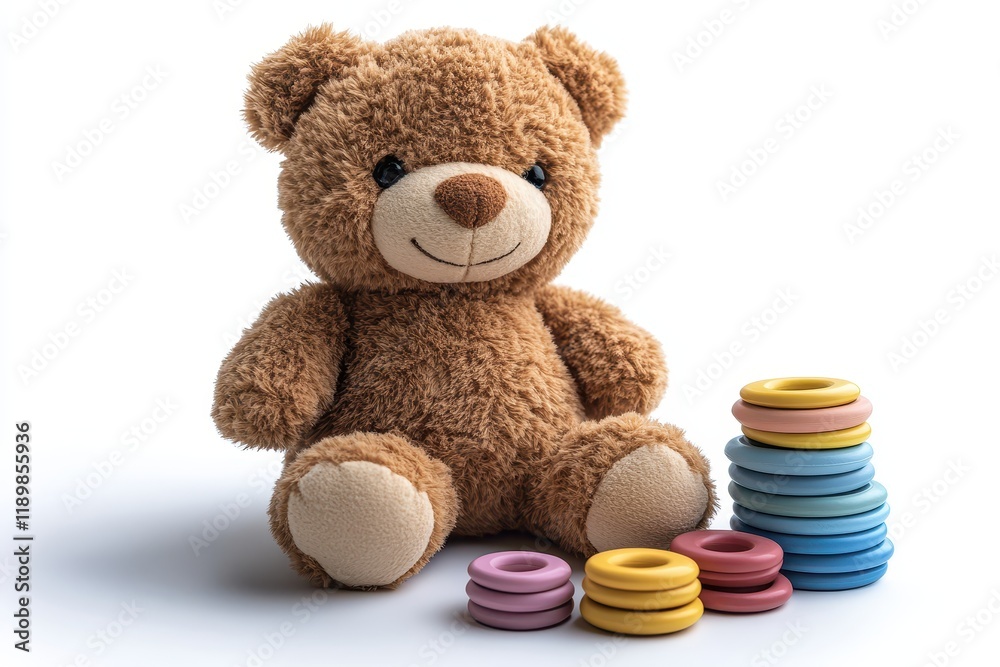 Obraz premium A plush teddy bear sits beside colorful stacking rings, ideal for children.