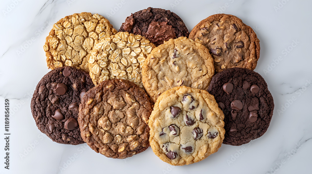 Obraz premium Assortment of eight delicious homemade cookies: oatmeal, chocolate chip, and double chocolate. Perfect for a sweet treat or snack. Freshly baked and visually appealing.