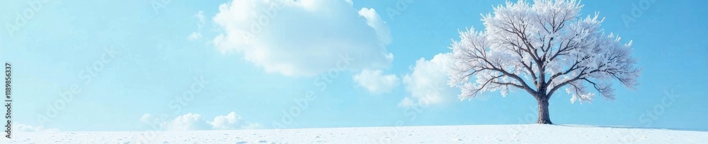 Tree's branches are etched against the pale blue sky, snow, tree