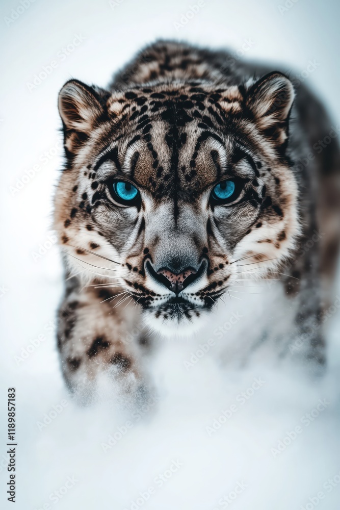 Fototapeta premium Close-up view of a snow leopard walking through the snow with intense blue eyes and sharp features, capturing its majestic presence in a snowy forest