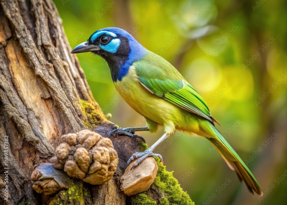 Obraz premium Green Jay Bird Picus Viridis Foraging Tree Roots Wildlife Photography Nature Image
