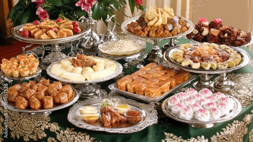 Elegant Dessert Buffet with Assorted Pastries, Floral Decor, and Lavish Presentation photo