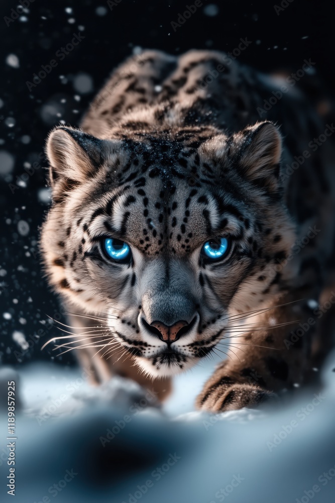 Close-Up of Snow Leopard with Glowing Blue Eyes in the Snow with Aggressive Stance Close-Up of Snow Leopard with Glowing Blue Eyes in the Snow with Aggressive Stance