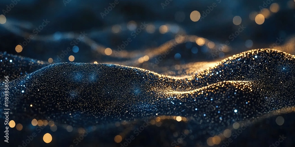 Golden Particles Flow Smoothly over Dark Landscape with Bokeh Lights Golden Particles Flow Smoothly over Dark Landscape with Bokeh Lights