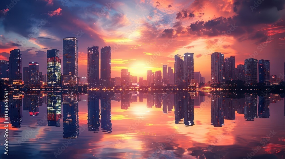 Fototapeta premium A vibrant sunset over a city skyline reflecting on the water.