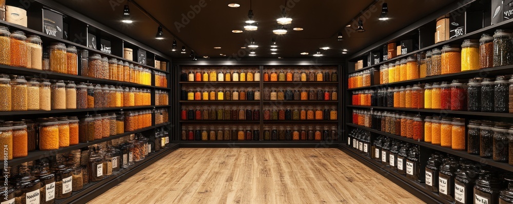 Fototapeta premium Spice Shop Interior with Shelves of Colorful Jars - Inviting Culinary Atmosphere