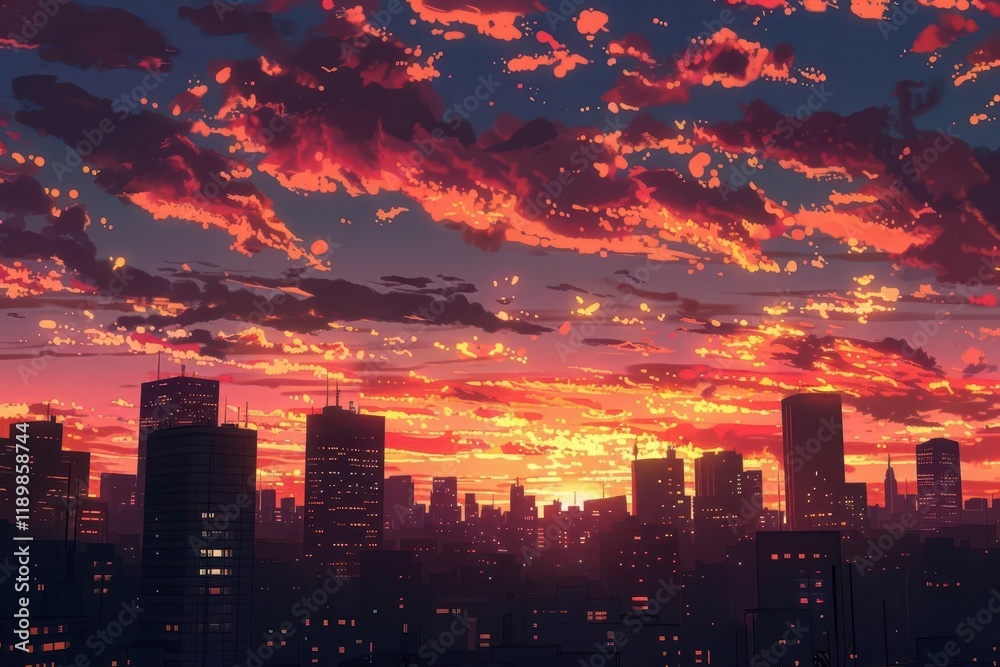 Obraz premium A vibrant sunset over a city skyline, showcasing colorful clouds and silhouetted buildings.