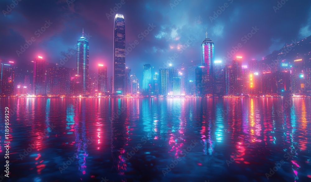 Fototapeta premium Futuristic City Skyline at Night with Neon Lights and Skyscrapers Reflected on Water