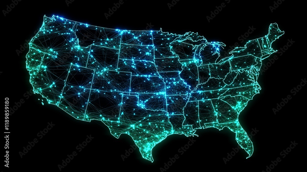 Obraz premium Digital Representation of the United States With Vibrant Network Connections Highlighted