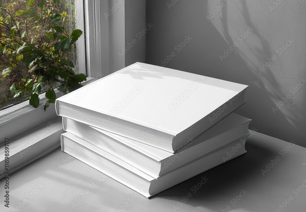 Fototapeta premium White Blank Book Stack Mockup on Gray Background with Natural Light