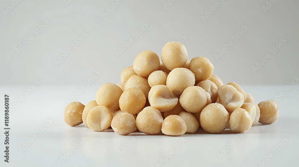 Macadamia nuts on white background, top view. Healthy food Macadamia nuts on white background, top view. Healthy food