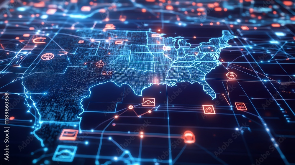 Fototapeta premium Visual Representation of Data Connectivity Across the Southern United States in the Digital Age